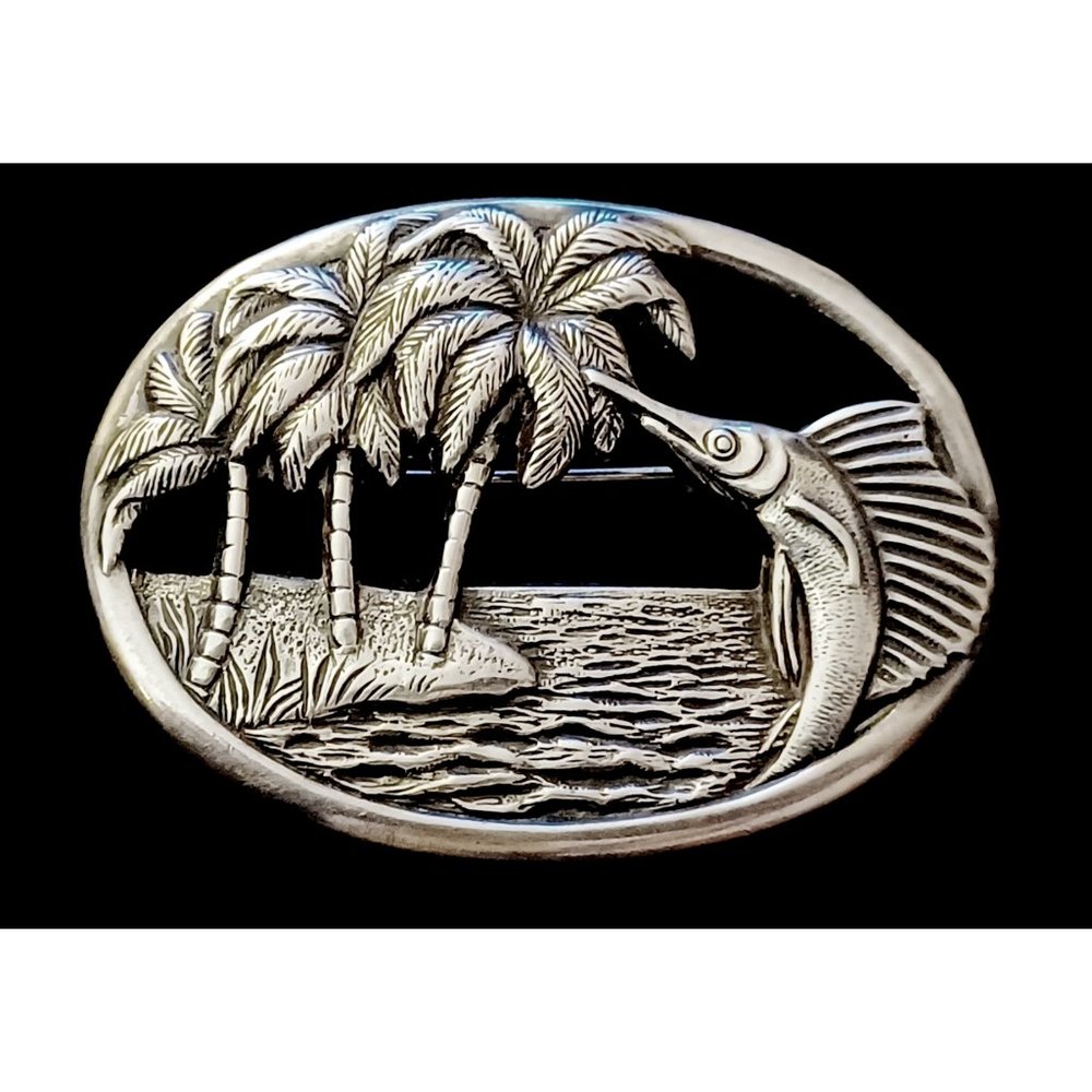 925 Sterling Silver Tropical Paradise Palm Trees Marlin Brooch Pin 5.5cmX4cm